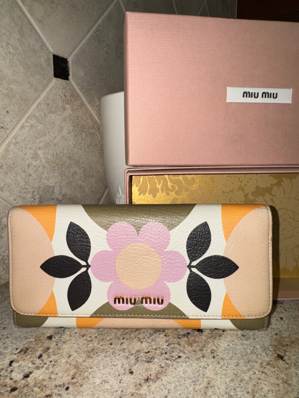 Miu Miu Pink Floral Leather Flap Wallet with Multicolor Petals box & chain incl.